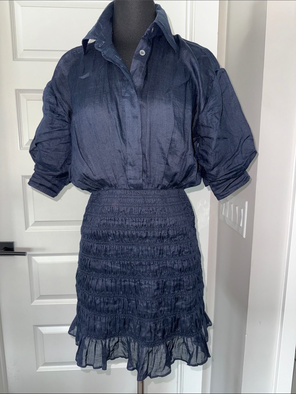 FRAME Navy Blue Ruched Shirt Dress